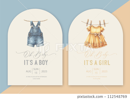 Cute baby shower watercolor arch invitation card with clothes for newborns drying on a rope. 112548769