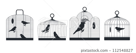 Birds sitting in cages silhouettes. Birds cages with domestic birds, canary, finch, cockatoo and budgie flat vector illustration set. Bird cages silhouette collection 112548827