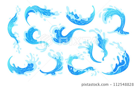 Blue ocean splashes. Water splashing, aqua waves, drops and flows, clean water splash flat vector illustration set. Transparent water motion elements 112548828