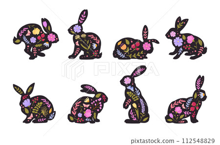 Bunny silhouettes. Easter flowers decorated rabbits, eared Easter hares flat vector illustration set. Spring holiday rabbits silhouettes 112548829