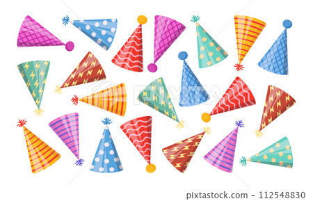 Carnival Birthday party hats pattern. Party festive paper cones, hand drawn hats celebration cone caps flat vector background illustration. Birthday hats backdrop 112548830