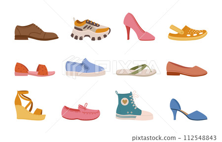 Spring summer footwear. Modern shoes, sneakers boots and sandals, male and female fashion shoes flat vector illustrations set. Casual seasonal footwear 112548843