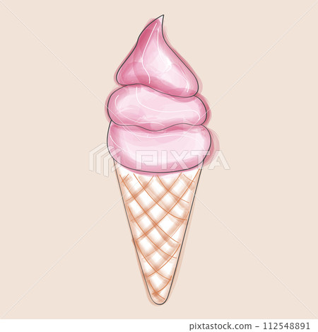 A pink ice cream sits nestled in a crispy waffle cone. The vibrant colors of the treat contrast beautifully with the neutral tones of the cone 112548891
