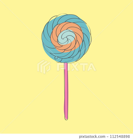 Vibrant, multicolored lollipop is displayed prominently against a bright yellow backdrop. The candy swirls and hues stand out against the cheerful background, creating a visually striking composition Vibrant, multicolored lollipop is displayed prominently against a bright yellow backdrop. The candy swirls and hues stand out against the cheerful background, creating a visually striking composition 112548898