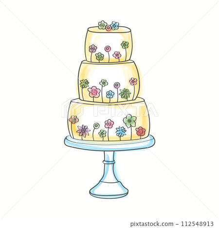 A decorated three-layer cake with colorful flowers showcasing intricate hand-painted watercolor designs. The cake exudes elegance and craftsmanship A decorated three-layer cake with colorful flowers showcasing intricate hand-painted watercolor designs. The cake exudes elegance and craftsmanship 112548913
