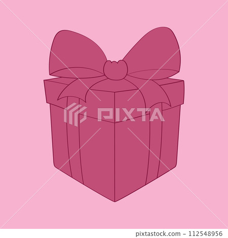 A pink box with a decorative bow on top, hand-painted with doodle designs. The box is the main focus of the image, showcasing its vibrant color and intricate bow 112548956