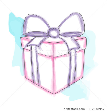 A doodle hand-painted watercolor pink gift box with a purple bow sits on a table, showcasing its elegant design and vibrant colors 112548957