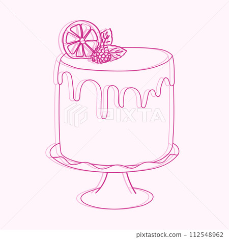 A hand-drawn illustration of a delicious cake with a slice of fruit placed on top, showing intricate details and vibrant colors in the artwork A hand-drawn illustration of a delicious cake with a slice of fruit placed on top, showing intricate details and vibrant colors in the artwork 112548962