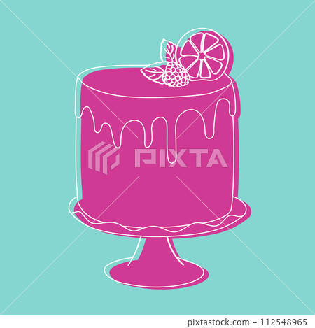 A pink handpainted cake with a slice of lemon resting on top of it. The cake is decorated with intricate doodle designs, and the vibrant yellow lemon slice adds a pop of color to the dessert A pink handpainted cake with a slice of lemon resting on top of it. The cake is decorated with intricate doodle designs, and the vibrant yellow lemon slice adds a pop of color to the dessert 112548965