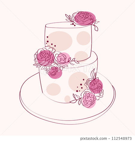 A two-tiered cake adorned with delicate pink flowers on the top layer. The cake appears to be hand-painted with intricate designs A two-tiered cake adorned with delicate pink flowers on the top layer. The cake appears to be hand-painted with intricate designs 112548973