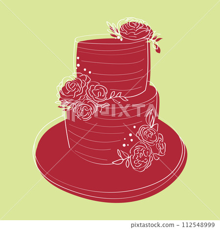 A two-tiered red cake adorned with delicate flowers on the top tier. The cake appears to be hand-painted with intricate designs and is set against a plain background 112548999