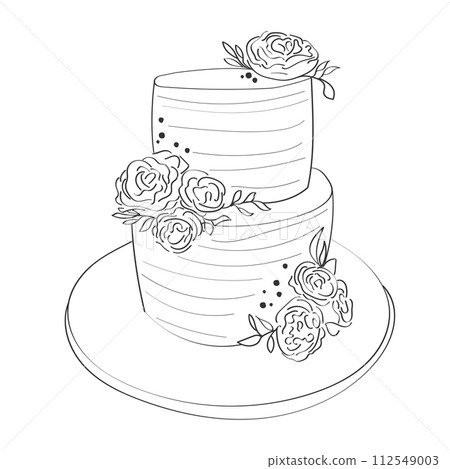 A sketched representation of a two-tier wedding cake adorned with rose embellishments and delicate icing details. The cake is placed on a stand, planning stage for a celebration 112549003