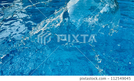 Background dynamic splash of clear water creating swirling wave in blue water with droplets suspended in motion. Clean water concept. Background dynamic splash of clear water creating swirling wave in blue water with droplets suspended in motion. Clean water concept. 112549045