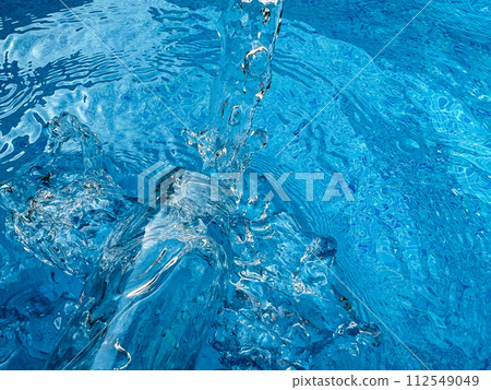 Dynamic splash in crystal clear blue water and glass bottle, creating ripples and water droplets in motion. Clean water concept. Dynamic splash in crystal clear blue water and glass bottle, creating ripples and water droplets in motion. Clean water concept. 112549049