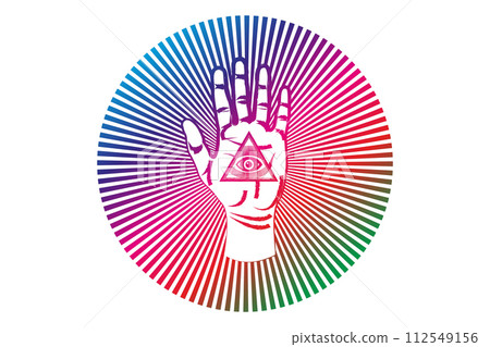 Colorful psychedelic open palm with all seeing eye sacred Masonic symbol, third eye of Providence, triangle pyramid. New World Order. alchemy icon, religion, spirituality, occultism. Magic Vector Colorful psychedelic open palm with all seeing eye sacred Masonic symbol, third eye of Providence, triangle pyramid. New World Order. alchemy icon, religion, spirituality, occultism. Magic Vector 112549156