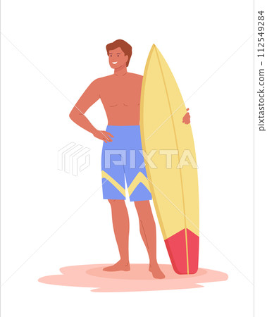 Young happy man standing on sand and holding surfboard. Active male character on summer recreation, sea leisure hobby 112549284