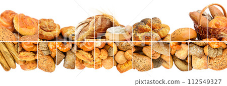 Wide panoramic collection of bread products isolated in white Wide panoramic collection of bread products isolated in white 112549327