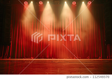 empty stage with spotlights on and red curtain. Ai generative empty stage with spotlights on and red curtain. Ai generative 112549370