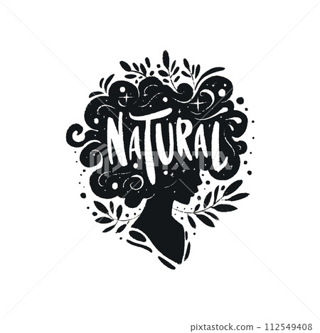 A woman's head with the word natural written around it. The woman's hair is styled in a way that makes it look like it's flowing 112549408