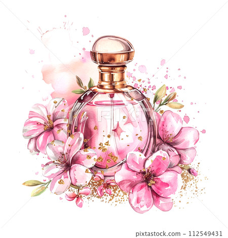 a beautiful pink perfume bottle with roses in the glamour style, golden glitter watercolor illustration on white background a beautiful pink perfume bottle with roses in the glamour style, golden glitter watercolor illustration on white background 112549431