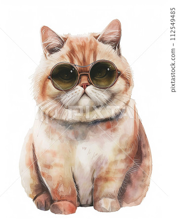 a easy drawing style watercolor of cute fat cat , clear outline , simplistic , minimalist , wearing sunglasses 112549485