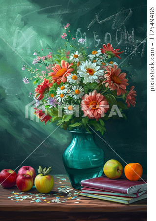 a bouquet of flowers in a vase on the teacher's desk, with books, apples, on the background of the chalkboard 112549486