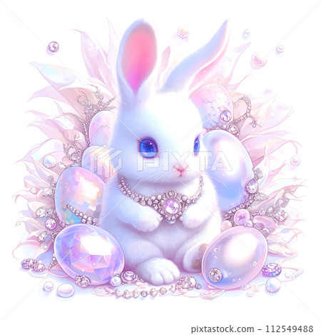 cute clipart of a little baby easter bunny rabbit with fluffy fur between easter eggs with diamonds and pearls 112549488