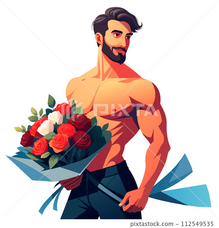 Women's day handsome brutal man with a large bouquet of roses in his hands illustration on white background Women's day handsome brutal man with a large bouquet of roses in his hands illustration on white background 112549535