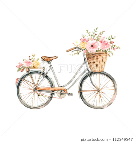 beautiful elegant minimal design of bicycle for women with pastel flowers in the front basket, watercolour 112549547