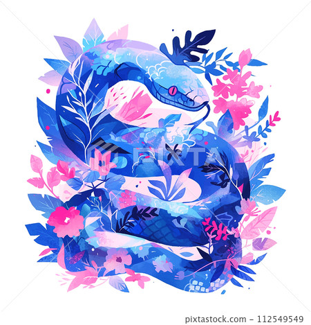 watercolor snake with flowers and leaves, sticker watercolor snake with flowers and leaves, sticker 112549549