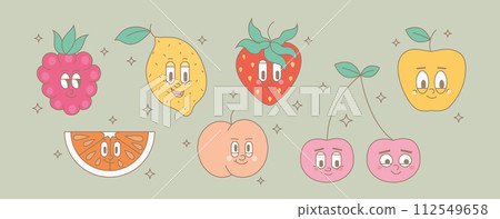 Retro groovy cartoon fruit characters. Modern cute comic mascot of raspberry, lemon, strawberry, apple, cherry, peach with happy smile face. 112549658