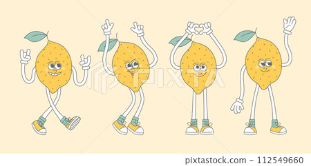 Retro groovy cartoon comic fruit different poses characters. Modern cute comic mascot of lemons with happy smile face, hands and feet. 112549660
