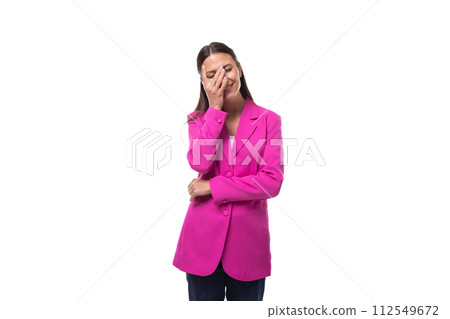 young slender brunette secretary woman wearing a purple jacket on a white background with copy space 112549672