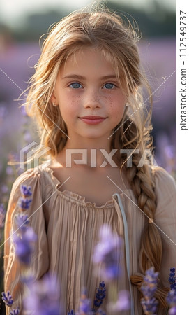 Serene girl in a lavender field.  Natural skincare and beauty photography. AI Generated. 112549737