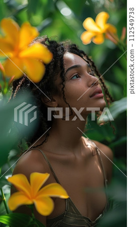 Woman contemplating in a tropical garden. Beauty and wellness photography. AI Generated. 112549738