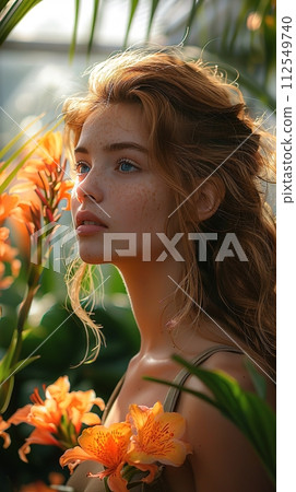 Young woman gazing in sunlit tropical setting.  Skincare and beauty advertising. AI Generated. 112549740