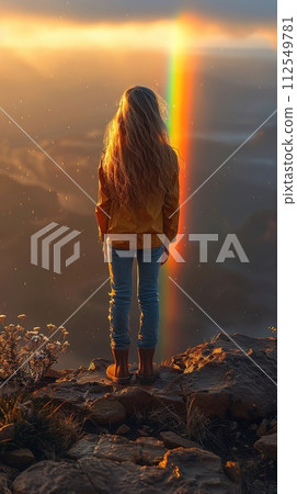 Person witnessing sunset rainbow from mountaintop.  Travel and adventure magazines, motivational content, outdoor clothing. AI Generated. 112549781