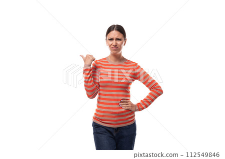 30 year old pretty woman dressed in a casual orange sweater is feeling sad and doubtful 30 year old pretty woman dressed in a casual orange sweater is feeling sad and doubtful 112549846