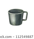 Green modern porcelain mug, ceramic cup for coffee or tea.Watercolor hand-drawn illustration isolated on white background. Perfect for recipe lists with drinks, brochures for cafe. 112549887