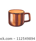 Orange modern porcelain mug, ceramic cup for coffee or tea.Watercolor hand-drawn illustration isolated on white background. Perfect for recipe lists with drinks, brochures for cafe. 112549894