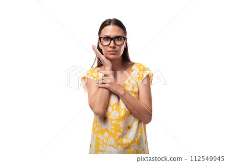young european woman with vision glasses dressed in summer outfit on white background 112549945