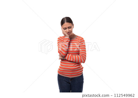 young puzzled brunette lady dressed in a casual striped sweater thought 112549962