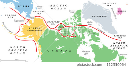Northwest Passage, NWP, political map. Sea lane between Atlantic and Pacific Ocean through the Arctic Ocean, along the coast of North America via waterways through the Arctic Archipelago of Canada. 112550064