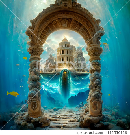 Imaging Construction with columns of lost Atlantida world around ocean water. Lost ancient civilization. Digital artwork in painting style. Ai generated Imaging Construction with columns of lost Atlantida world around ocean water. Lost ancient civilization. Digital artwork in painting style. Ai generated 112550128