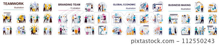 Mega set flat design concept teamwork, branding, economic, business making with people character situations. Bundle of different scenes. Collection vector illustrations. Mega set flat design concept teamwork, branding, economic, business making with people character situations. Bundle of different scenes. Collection vector illustrations. 112550243