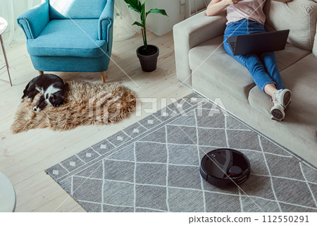 Robotic vacuum cleaner cleaning carpet, cat, woman using laptop sitting on sofa at home Robotic vacuum cleaner cleaning carpet, cat, woman using laptop sitting on sofa at home 112550291