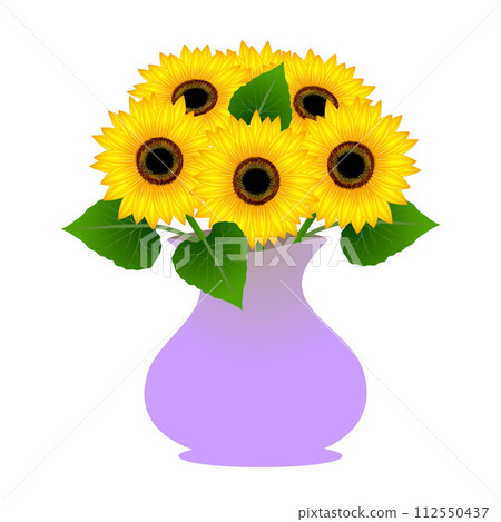 Vase with sunflowers and leaves on a white background. Vase with sunflowers and leaves on a white background. 112550437