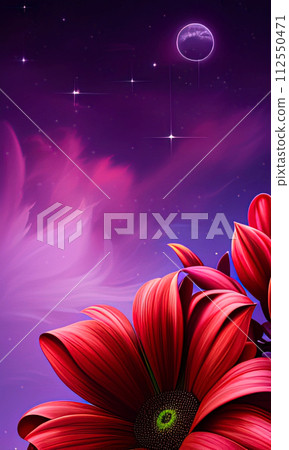 large red flowers against the background of the evening purple sky, AI generation large red flowers against the background of the evening purple sky, AI generation 112550471