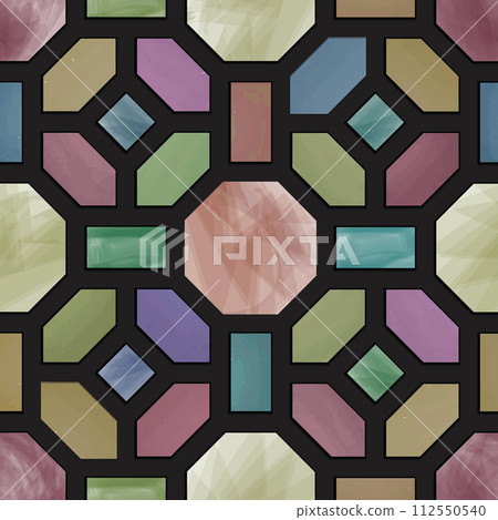 Artistic geometric watercolor seamless pattern. Abstract outline colored texture. Cube, rhomb, hexagon stylish ornamental retro design element 112550540