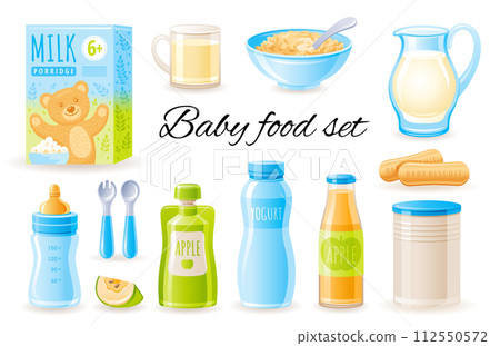 Baby food vector illustration. Milk porridge bowl with spoon, juice bottle, apple fruit, puree box, kids biscuit, milk, yogurt icon set. Healthy nutrition baby food. 3d product isolated illustration 112550572